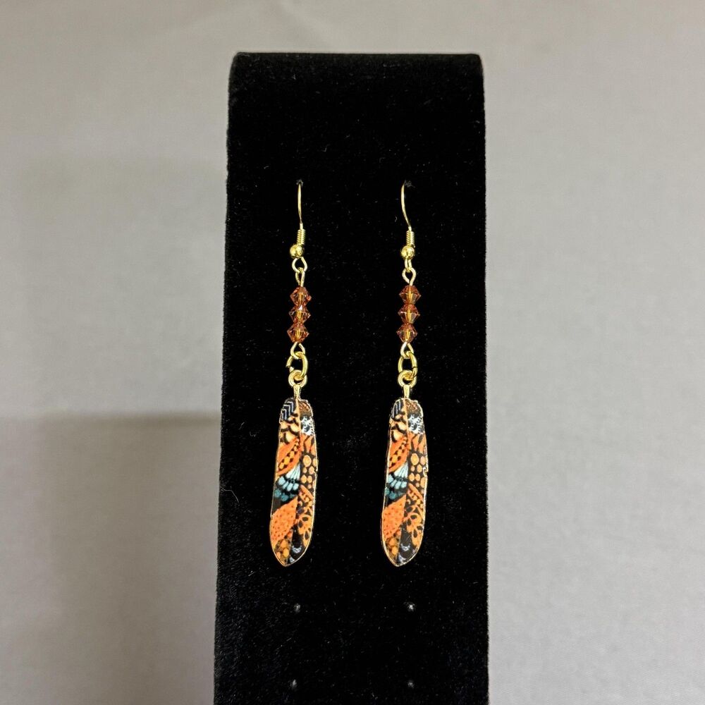 Gold Tone Orange Butterfly Dangle Drop Earrings Womens Glass Enamel Jewelry - Picture 3 of 7